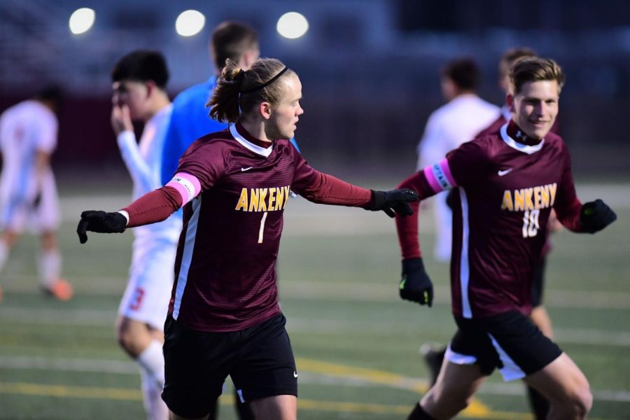 Ankeny boys and girls soccer go head to head with a crosstown rivalry showdown for both the Hawks, Hawkettes, and the Jags. Hawk boys senior forward Lucas Newhard (left) and senior starter Connor Wahlburg (right) celebrate against Marshalltown.
