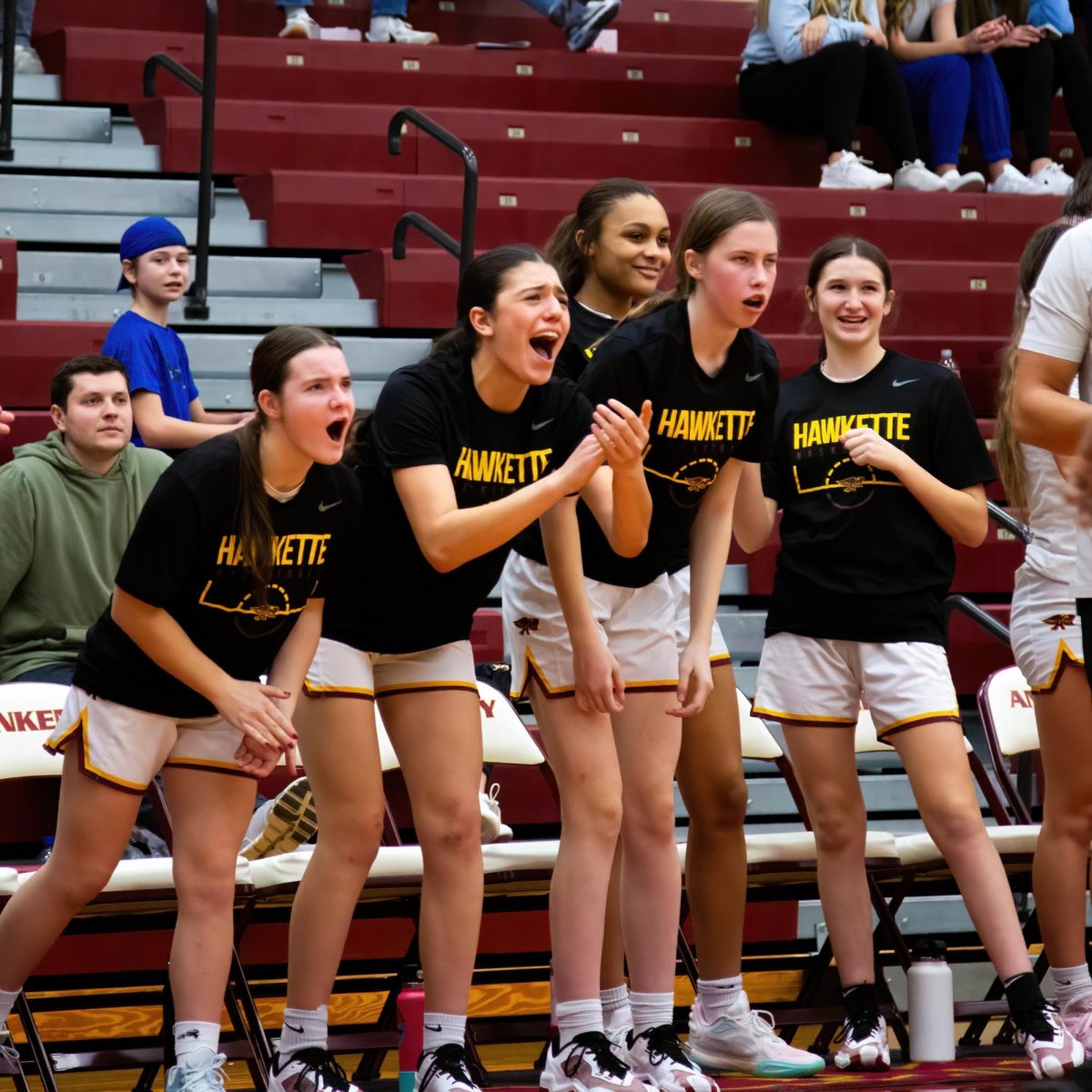Ankeny+cheers+on+their+teammates+after+a+big+score.+The+Hawkettes+defeated+Urbandale+50-29.