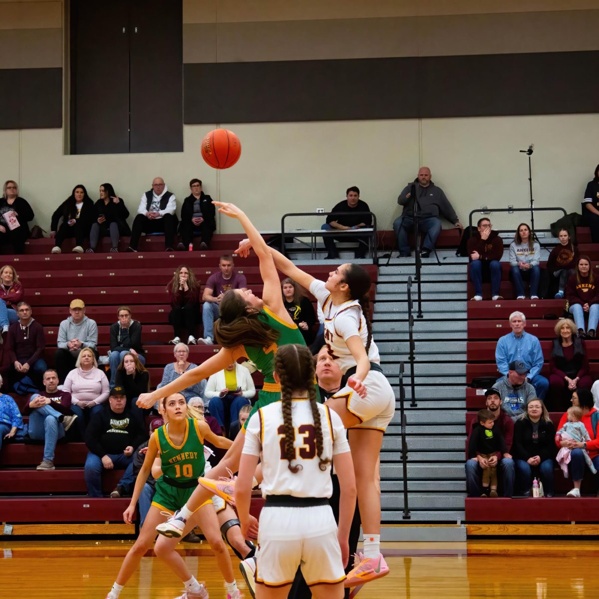 On Saturday, Feb. 17 the Ankeny Hawkettes faced off against Cedar Rapids Kennedy in the first round of the basketball playoffs. Sophomore Jayla Williams steps up to represent the Hawkettes at the tipoff.