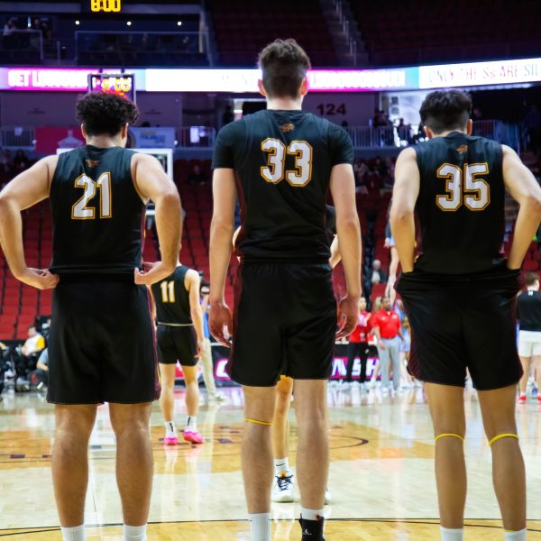 On Tuesday, Mar. 6, the Ankeny Hawks took on Dubuque Senior at Wells Fargo Arena. Senior Lio Aguirre (21), senior Cade Pederson (33), and sophomore Rio Aguirre (35) prepare for the tipoff.