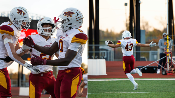 Sophomore Alexander Zuber celebrates a touchdown with teammates (left). Junior Gage Lint carries the ball to the end zone for a touchdown (right). 
