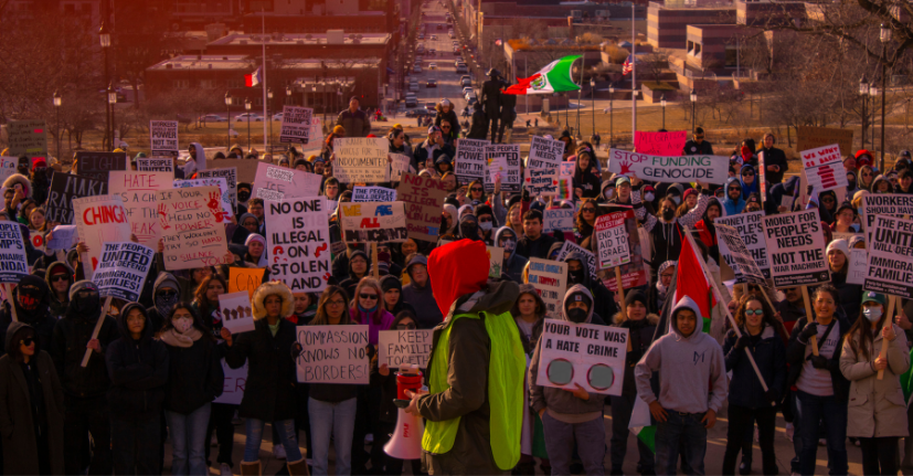 A crowd of people protest ICE (U.S. Immigrations and Customs Enforcement) and mass deportations at the Iowa Capitol on Jan. 25, 2025.
