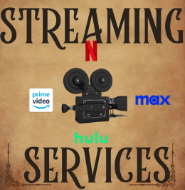 Netflix, Hulu, Max, and Prime Video logos surrounding a classic film camera. Made by Ryan Cox through Canva