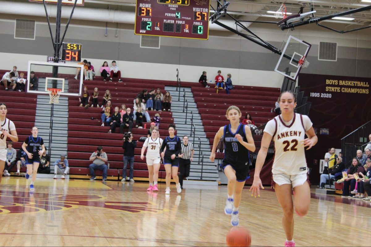 Senior Jayla Williams on the fast break right after a steal. Williams then made a layup to make it 57-39 at home loss final score 63-39 against Waukee Northwest High School on January 9th, 2026. Photo by Isaiah Pine. 
