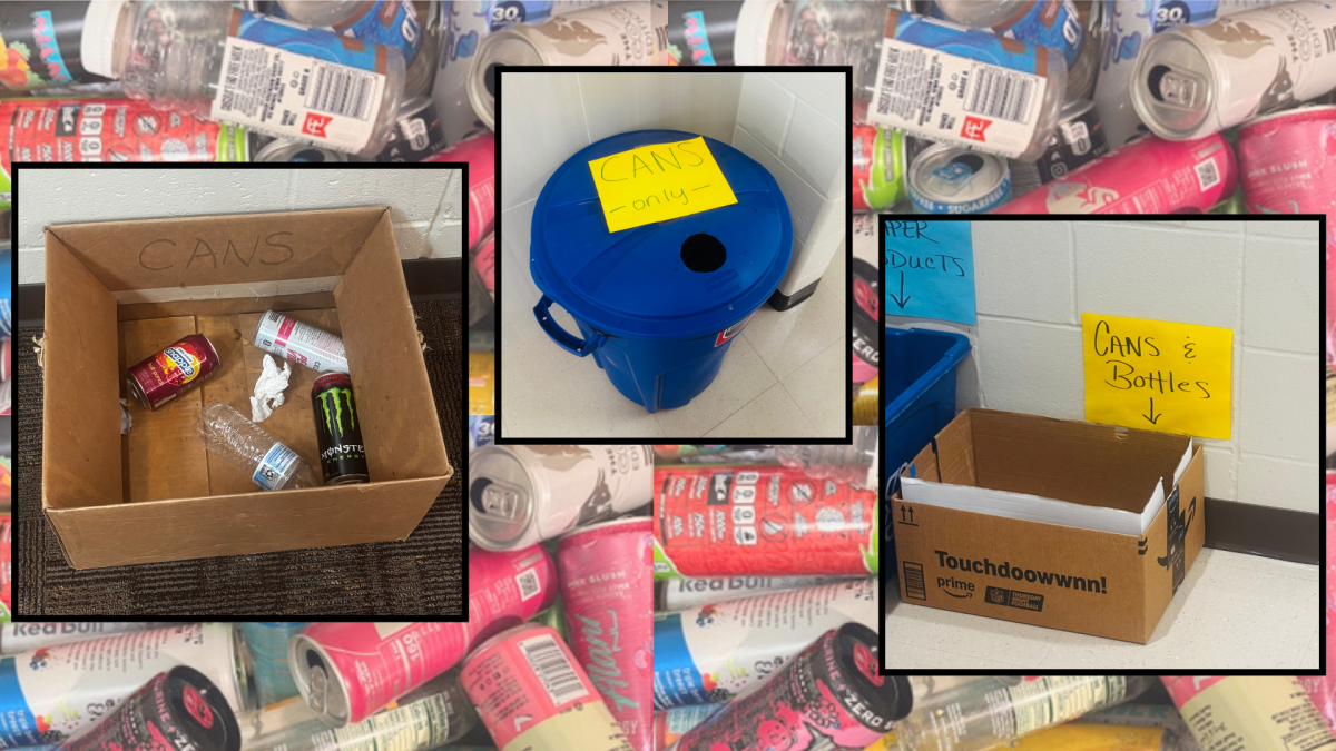 Collection bins can be found all over Ankeny High School (AHS), both in classrooms and hallways. The AHS eSports team is responsible for collecting the school’s cans and redeeming the deposit. The team has it down to a science, with designated routes for efficiency. Photos and graphics by Lily Black using Canva.