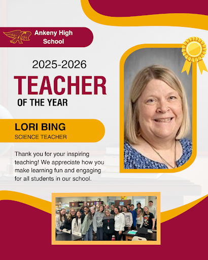 A photo taken by Dr. Johnson, principal of Ankeny High School, for Mrs. Bing’s teacher of the year award. “She cares a lot about her students and their learning,” said Karin Cowger a teacher at Ankeny High School.