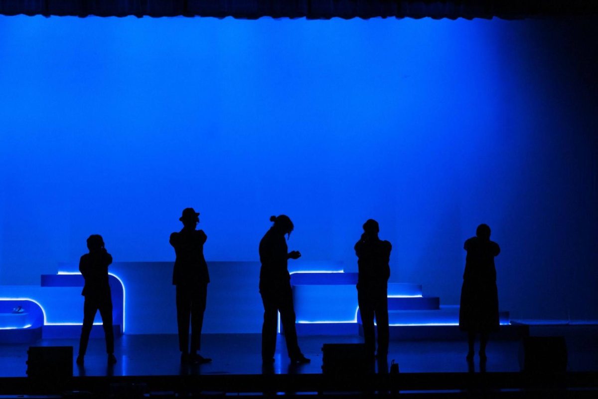 The shadows against a captivating blue are a nod to the “Catch Me If You Can” musical poster, both for this performance and the blue from the Broadway show. The detectives in this scene are at shooting practice, in preparation for when they finally encounter Frank Abagnale Jr. “We always say our motto is ‘theater is a team sport,’ and really just emphasizing to our students that everyone is welcome in the drama department. There's always a role for you, whether or not, on stage or behind the scenes, in the costume shop, in the scene shop. [There are] all sorts of different things that go into bringing a show to life. So we love our drama hawks and welcome everyone to drama,” Drama Director Mollie Jo Blahunka said.