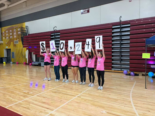 Members of NHS reveal the final total for money raised for the University of Iowa Stead Family Children's Hospital at the end of the Dance Marathon with big, glittery letters. Photo by Ashley Howard.
