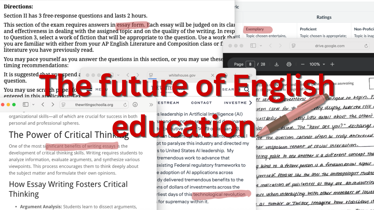In an age of rapid digital development, teachers and students alike are faced with the challenge of what the future holds when it comes to AI usage in the classroom. Essay writing is a huge part of the current English curriculum, but technology might change how that aspect of learning functions as educators adapt to AI development and legislation. Designed by River Phillips using Canva.
